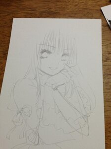 Rating: Safe Score: 0 Tags: 1girl frills graphite_(medium) greyscale image looking_at_viewer monochrome photo shikishi sketch smile solo suigintou traditional_media User: admin