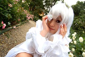 Rating: Safe Score: 0 Tags: 1girl chin_rest closed_mouth dark_skin day dress flower hand_on_own_face kirakishou lips looking_at_viewer outdoors smile solo sunlight white_dress white_flower white_hair User: admin