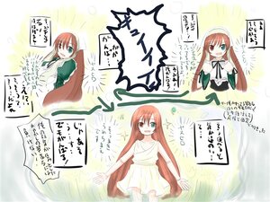 Rating: Safe Score: 0 Tags: 1girl :d blush brown_hair comic dress emphasis_lines green_dress heterochromia image long_hair multiple_views open_mouth outstretched_arms red_eyes smile solo sparkle suiseiseki twintails User: admin
