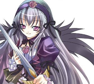 Rating: Safe Score: 0 Tags: 1girl dress flower frills hairband holding holding_weapon image long_hair long_sleeves looking_at_viewer pink_eyes puffy_sleeves ribbon rose silver_hair simple_background solo suigintou upper_body weapon white_background wings User: admin