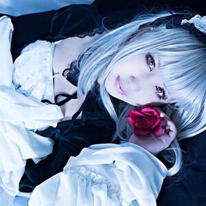 Rating: Safe Score: 0 Tags: 1girl bangs choker closed_mouth eyelashes flower frills lips long_sleeves looking_at_viewer purple_eyes rose solo suigintou traditional_media upper_body white_hair User: admin