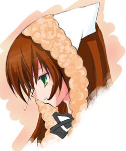 Rating: Safe Score: 0 Tags: 1girl bangs blush brown_hair from_side fur_trim green_eyes hood image portrait profile simple_background smile solo suiseiseki User: admin