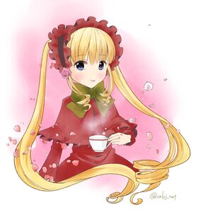 Rating: Safe Score: 0 Tags: 1girl blonde_hair blue_eyes blush bonnet bow bowtie cup dress drill_hair flower holding_cup image long_hair long_sleeves looking_at_viewer petals pink_background pink_rose rose saucer shinku smile solo tea teacup twin_drills twintails upper_body very_long_hair User: admin