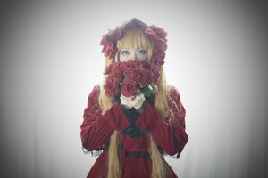 Rating: Safe Score: 0 Tags: 1girl blonde_hair blue_eyes dress flower long_hair long_sleeves looking_at_viewer red_dress red_flower red_rose rose shinku solo User: admin