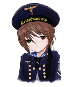 Rating: Safe Score: 0 Tags: 1girl beret blush brown_hair buttons hat image looking_at_viewer short_hair simple_background solo souseiseki striped upper_body white_background User: admin