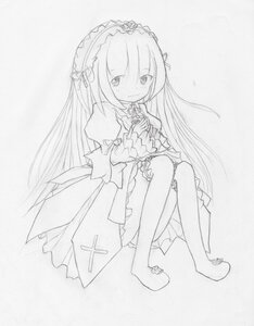 Rating: Safe Score: 0 Tags: 1girl auto_tagged blush closed_mouth dress frills full_body greyscale hairband image lolita_hairband long_hair long_sleeves looking_at_viewer monochrome sitting smile solo suigintou traditional_media very_long_hair white_background User: admin