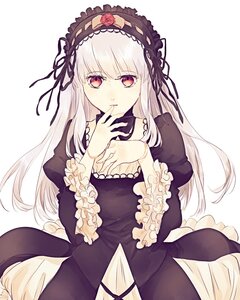 Rating: Safe Score: 0 Tags: 1girl black_dress closed_mouth dress flower frills hairband image juliet_sleeves lolita_hairband long_hair long_sleeves looking_at_viewer red_eyes ribbon rose silver_hair solo suigintou white_background User: admin