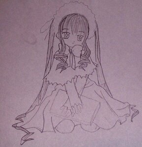 Rating: Safe Score: 0 Tags: 1girl bow dress drill_hair full_body image long_hair long_sleeves looking_at_viewer monochrome photo shinku simple_background solo traditional_media twin_drills twintails User: admin