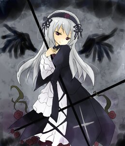 Rating: Safe Score: 0 Tags: 1girl black_wings cloudy_sky dress flower frills hairband image lolita_hairband long_hair long_sleeves looking_at_viewer pink_eyes red_flower red_rose rose silver_hair solo suigintou thorns weapon wings User: admin