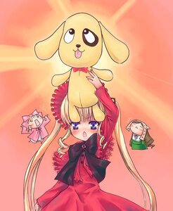 Rating: Safe Score: 0 Tags: 1girl blonde_hair blue_eyes blush bonnet bow bowtie dress drill_hair hat image long_hair long_sleeves pink_bow red_dress shinku solo twintails very_long_hair User: admin