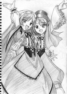 Rating: Safe Score: 0 Tags: 2girls :d blush dress frills greyscale image long_hair long_sleeves looking_at_viewer monochrome multiple_girls open_mouth pair ribbon siblings sisters smile souseiseki suiseiseki twins very_long_hair User: admin