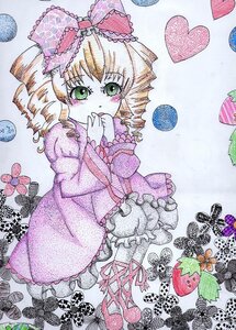 Rating: Safe Score: 0 Tags: 1girl blonde_hair blush bow bug dress drill_hair food frills fruit green_eyes heart hina_ichigo hinaichigo image insect pink_bow solo strawberry traditional_media watercolor_(medium) User: admin