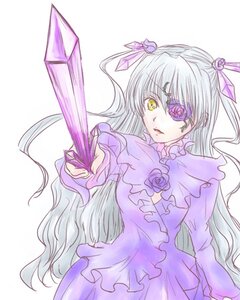 Rating: Safe Score: 0 Tags: 1girl barasuishou dress eyepatch flower frills image long_hair long_sleeves purple_dress purple_flower purple_rose ribbon rose silver_hair simple_background solo striped two_side_up very_long_hair white_background yellow_eyes User: admin