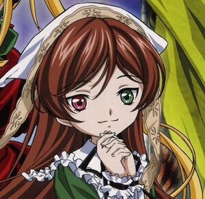 Rating: Safe Score: 0 Tags: 1girl brown_hair dress frills green_eyes hands_clasped image long_hair long_sleeves looking_at_viewer own_hands_together red_eyes smile solo suiseiseki User: admin
