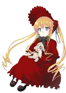 Rating: Safe Score: 0 Tags: 1girl blonde_hair blue_eyes bonnet bow bowtie capelet dress flower full_body green_bow image long_hair long_sleeves looking_at_viewer red_dress shinku shoes sitting solo twintails very_long_hair white_background User: admin