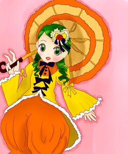 Rating: Safe Score: 0 Tags: 1girl :d blush bow dress drill_hair frills green_eyes green_hair holding_umbrella image jack-o'-lantern kanaria long_sleeves open_mouth orange_dress parasol pink_background pumpkin ribbon simple_background solo twin_drills umbrella User: admin