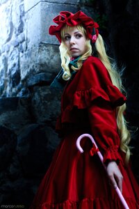 Rating: Safe Score: 0 Tags: 1girl blonde_hair blue_eyes bonnet dress long_hair long_sleeves looking_at_viewer red_dress shinku solo User: admin