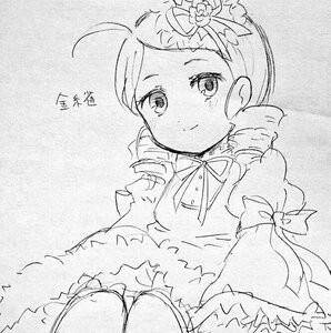 Rating: Safe Score: 0 Tags: 1girl bloomers blush bow closed_mouth dress drill_hair flower greyscale hair_flower hair_ornament image kanaria looking_at_viewer monochrome puffy_sleeves smile solo traditional_media twin_drills User: admin