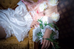 Rating: Safe Score: 0 Tags: 1girl bangs dress flower frills hair_flower hair_ornament kirakishou long_hair long_sleeves looking_at_viewer pink_hair plant rose sitting solo white_dress white_flower white_rose yellow_eyes User: admin