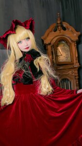 Rating: Safe Score: 0 Tags: 1girl bangs blonde_hair blue_eyes blunt_bangs bonnet dress flower lips long_hair looking_at_viewer red_dress rose shinku solo User: admin