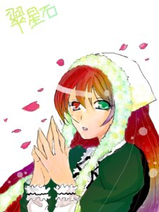 Rating: Safe Score: 0 Tags: 1girl brown_hair dress green_dress green_eyes heterochromia image long_hair long_sleeves looking_at_viewer own_hands_together petals red_eyes rose_petals solo suiseiseki User: admin