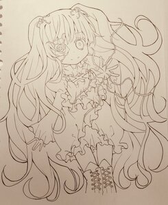 Rating: Safe Score: 0 Tags: 1girl boots dress frills hair_ornament hatsune_miku image kirakishou lineart long_hair looking_at_viewer monochrome smile solo traditional_media very_long_hair User: admin