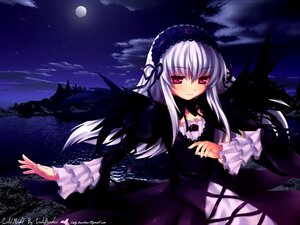Rating: Safe Score: 0 Tags: 1girl black_wings detached_collar dress flower frilled_sleeves frills full_moon hairband image lolita_hairband long_hair long_sleeves looking_at_viewer moon night night_sky pink_eyes silver_hair sky solo star_(sky) starry_sky suigintou wings User: admin