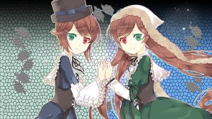 Rating: Safe Score: 0 Tags: 2girls brown_hair chain-link_fence dress fence green_dress green_eyes hat heterochromia hexagon holding_hands honeycomb_(pattern) honeycomb_background image long_hair long_sleeves looking_at_viewer multiple_girls pair red_eyes siblings sisters smile souseiseki suiseiseki top_hat twins User: admin