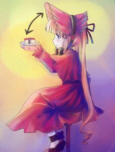 Rating: Safe Score: 0 Tags: 1girl blonde_hair blue_eyes blush bonnet cup dress image long_hair long_sleeves profile red_dress shinku sitting solo teacup User: admin