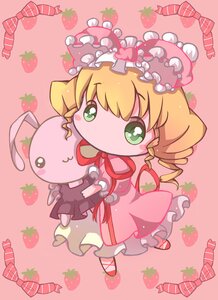 Rating: Safe Score: 0 Tags: 1girl auto_tagged blonde_hair bow candy_cane chibi dress drill_hair flower food full_body green_eyes hina_ichigo hinaichigo image looking_at_viewer red_footwear solo strawberry striped striped_background User: admin
