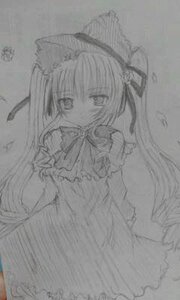 Rating: Safe Score: 0 Tags: 1girl animal_ears cat_ears dress greyscale image long_hair looking_at_viewer monochrome photo shinku sketch solo traditional_media twintails very_long_hair User: admin