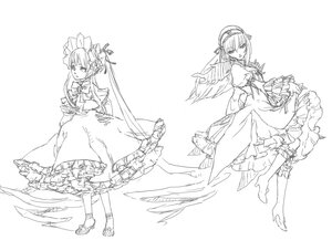 Rating: Safe Score: 0 Tags: 1girl dress flower frilled_dress frills full_body greyscale hair_ribbon hairband image long_hair long_sleeves monochrome pair ribbon shinku sketch standing suigintou white_background wings User: admin