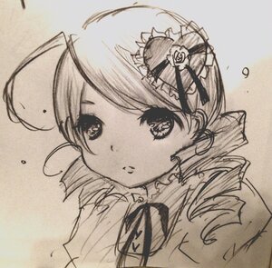 Rating: Safe Score: 0 Tags: 1girl bangs closed_mouth eyebrows_visible_through_hair flower frills hair_ornament hat image kanaria looking_at_viewer monochrome portrait ribbon rose short_hair sketch solo traditional_media User: admin