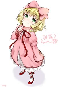 Rating: Safe Score: 0 Tags: 1girl artist_name blonde_hair blush bow dated dress full_body green_eyes hair_bow hina_ichigo hinaichigo image long_sleeves looking_at_viewer pantyhose pink_bow pink_dress red_footwear ribbon shoes short_hair smile solo standing striped white_background white_legwear User: admin