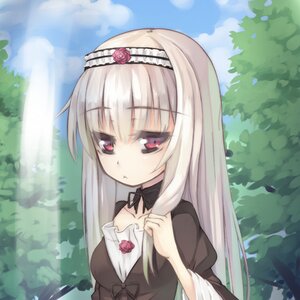 Rating: Safe Score: 0 Tags: 1girl :t black_dress day dress flower hairband image long_hair long_sleeves looking_at_viewer outdoors red_flower red_rose rose silver_hair sky solo suigintou tree User: admin