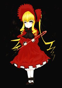 Rating: Safe Score: 0 Tags: 1girl black_background black_footwear blonde_hair bonnet bow bowtie dress full_body holding image long_hair long_sleeves looking_at_viewer mary_janes purple_eyes red_capelet red_dress shinku shoes solo standing white_legwear User: admin