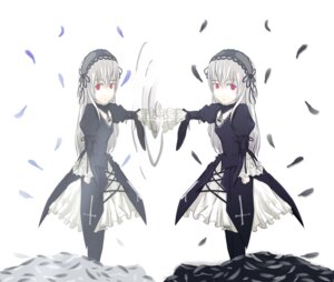 Rating: Safe Score: 0 Tags: 2girls dress dual_persona feathers flower frills hairband image long_hair long_sleeves looking_at_viewer multiple_girls petals red_eyes silver_hair solo standing suigintou white_background wings User: admin