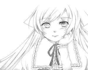 Rating: Safe Score: 0 Tags: 1girl blush closed_mouth frills greyscale image long_hair looking_at_viewer monochrome ribbon simple_background smile solo suiseiseki white_background User: admin