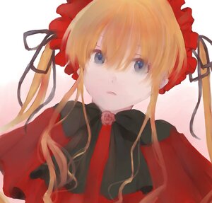 Rating: Safe Score: 0 Tags: 1girl black_ribbon blonde_hair blue_eyes capelet flower hair_ribbon image long_hair looking_at_viewer ribbon rose shinku simple_background solo twintails upper_body User: admin