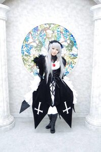 Rating: Safe Score: 0 Tags: 1girl black_dress boots cross dress flower full_body long_hair long_sleeves solo stained_glass standing suigintou User: admin