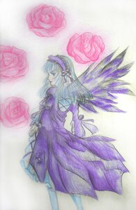 Rating: Safe Score: 0 Tags: 1girl black_wings dress flower hairband image long_hair long_sleeves pink_flower pink_rose purple_flower purple_rose red_flower red_rose rose solo suigintou traditional_media wings User: admin