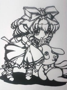 Rating: Safe Score: 0 Tags: 1girl bow dress drill_hair greyscale hair_bow hinaichigo image monochrome smile solo stuffed_animal traditional_media User: admin