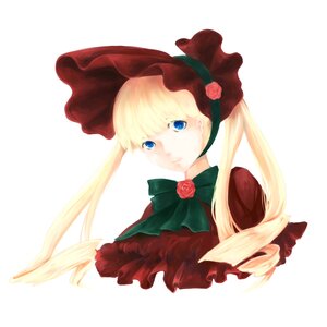 Rating: Safe Score: 0 Tags: 1girl blonde_hair blue_eyes bonnet bow bowtie dress flower green_bow image long_hair looking_at_viewer pink_rose red_flower red_rose rose shinku simple_background solo striped twintails upper_body white_background User: admin