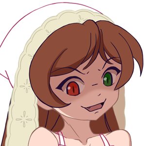 Rating: Safe Score: 0 Tags: 1girl bangs bare_shoulders brown_hair collarbone green_eyes image long_hair looking_at_viewer open_mouth portrait red_eyes solo striped suiseiseki white_background User: admin