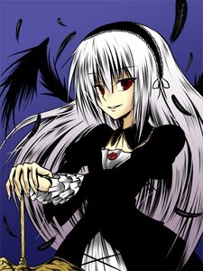 Rating: Safe Score: 0 Tags: 1girl black_dress black_wings dress feathers frills hairband image lolita_hairband long_hair long_sleeves looking_at_viewer red_eyes simple_background solo suigintou upper_body very_long_hair wings User: admin