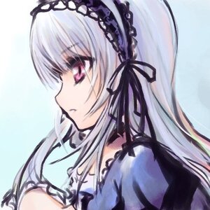 Rating: Safe Score: 0 Tags: 1girl bangs black_ribbon blue_background closed_mouth dress frills hairband image long_hair looking_away profile puffy_sleeves ribbon silver_hair simple_background solo suigintou upper_body User: admin