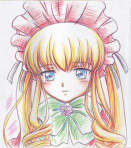 Rating: Safe Score: 0 Tags: 1girl blonde_hair blue_eyes blush bow drill_hair flower hat image long_hair looking_at_viewer marker_(medium) pink_flower rose shinku simple_background solo traditional_media upper_body User: admin