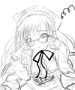 Rating: Safe Score: 0 Tags: 1girl blush bow dress frills glasses greyscale image long_hair long_sleeves looking_at_viewer monochrome simple_background solo suiseiseki upper_body white_background User: admin