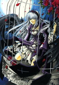 Rating: Safe Score: 3 Tags: 1girl birdcage black_wings cage commentary_request dress flower frills full_moon grey_eyes hairband image kneeling long_hair moon myu-kimera petals purple_rose red_flower red_rose rose rose_petals rozen_maiden silver_hair solo suigintou thorns traditional_media weapon white_hair wings User: admin