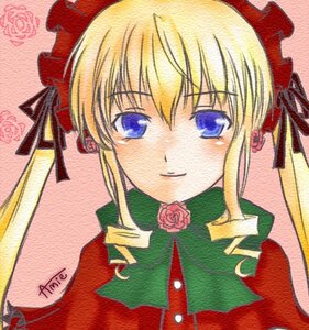 Rating: Safe Score: 0 Tags: 1girl blonde_hair blue_eyes blush bow drill_hair flower image long_hair long_sleeves looking_at_viewer marker_(medium) pink_background pink_rose rose shikishi shinku sidelocks smile solo traditional_media upper_body User: admin